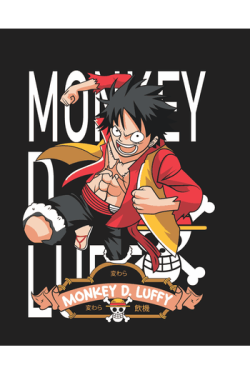 Vector Monkey D. Luffy One Piece Mugiwara corriendo tipografía bold nombre fondo negro emblema Sombrero de Paja